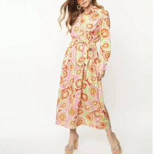 NEW Unique Vintage Pink Ripple Midi Shirt Dress Shirtdress Size L 70s Paisley